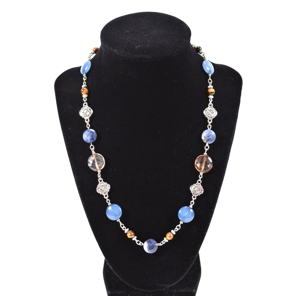 Chaps Beaded Necklace Blue Flat Beads Faceted Clear Metal Medallions 21"